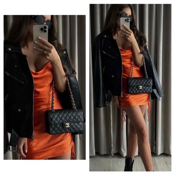 Zara Orange Satin Draped Effect Mini Dress Size Large Ruched Cocktail Halloween - Picture 14 of 14